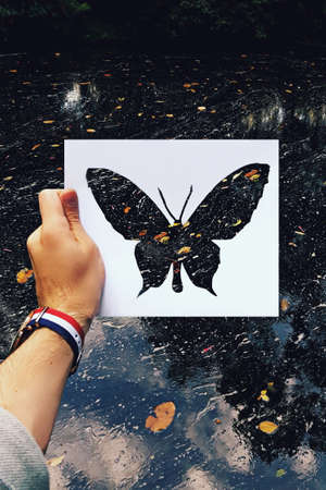 I use to promote my work, each image in this ongoing photo project sits on a section of a landscape that is complemented by its latest paper creature.の写真素材