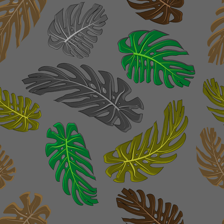 Monstera leaves seamless textile pattern. Set of vector elements, for tropical, exotic, summer design. Monstera deliciosa isolated on background.のイラスト素材