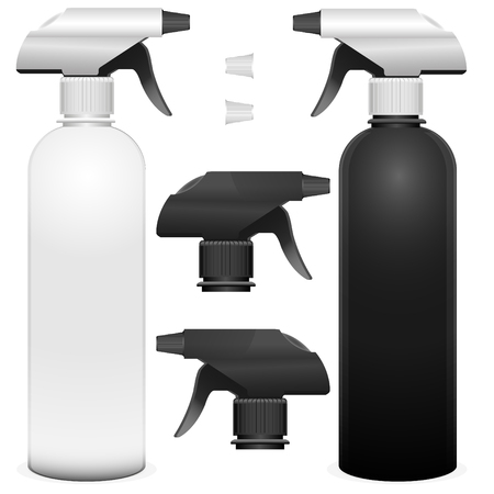 Set of spray bottles with detalies. Realistic vector illustration of pistol spray with pump mocup in black and white color. Can be used for cleaner, liquid, foam, and other.のイラスト素材
