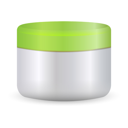 Round white plastic jar with green lid for cosmetics - body cream, butter, scrub, bath salt, gel, skin care, powder. Realistic packaging mockup template.のイラスト素材