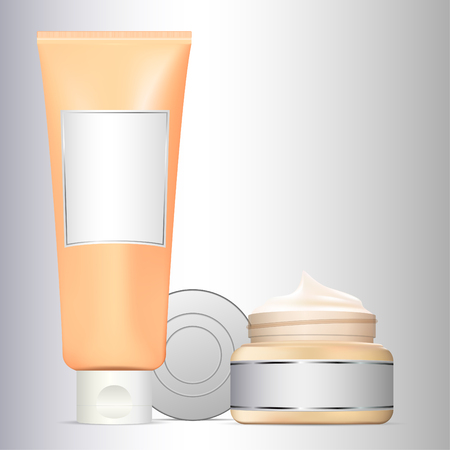 Realistic cosmetic bottles set. Cream jar with open lid, serum tube. Labels ready for your design. Mock up set for brand template. Vector illustration.のイラスト素材