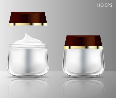 Luxury round transparent glass jar for cosmetics - body cream, cream, butter, scrub, bath salt, gel, skin care, powder. Realistic packaging mockup template.のイラスト素材