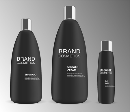 Black Cosmetic Bottles High quality 3d Vector illustration ads. Containers for shampoo, gel, oil, liquid soap, conditioner.のイラスト素材