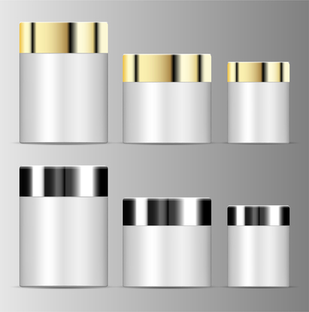 White plastic jar set with round silver and golden caps. Vector packaging mock up template. Cream containers isolated on background.のイラスト素材