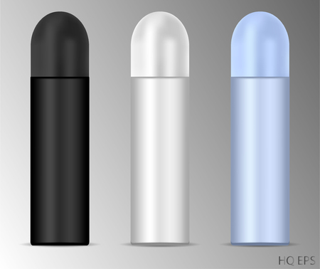 Deodorant spray aluminum can set. 3d Vector cosmetic bottles with round caps. Illustration, Isolated on background.のイラスト素材
