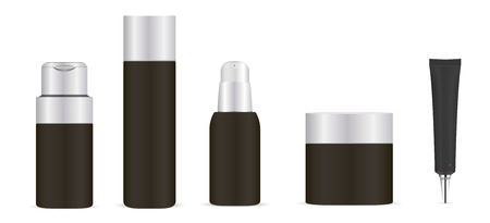 Black cosmetic bottles set. Cream jar, shampoo container, foam dispenser, base tube. Vector mock up illustration. EPS10