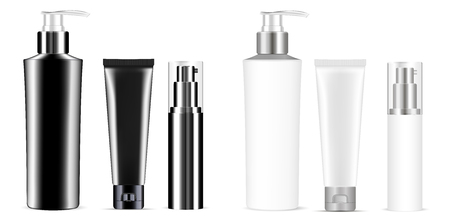 Set of black and white vector cosmetic bottle blank templates, plastic containers bottles with spray, pump dispenser, cream tube. Realistic 3d mock-up of cosmetics package.のイラスト素材