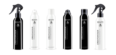 Black and White spray bottle cosmetics package with different color dispenser cap. Isolated container design with pump for liquid, water, oil, tonic and other cosmetic products. Vector mockup illustration.のイラスト素材