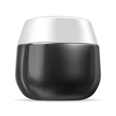 Black and white glossy plastic cream jar isolated on white background. Skin care product realistic cosmetic package. Vector mockup bottle illustration.のイラスト素材