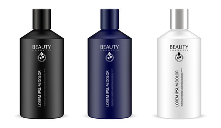 Cylindrical cosmetic bottles in one set. Cosmetics jar packaging mockup for shampoo,shower gel, lotion, hair mask, liquid soap. Black, white and dark blue containers illustration.のイラスト素材