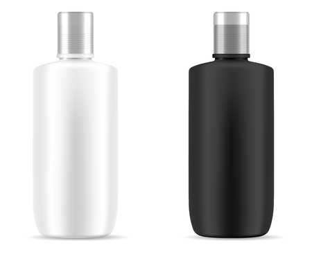 Black and white shampoo cosmetic bottles mockup. Realistic vector 3d illustration of cosmetics package with silver lid. Clear blank template for your design.のイラスト素材