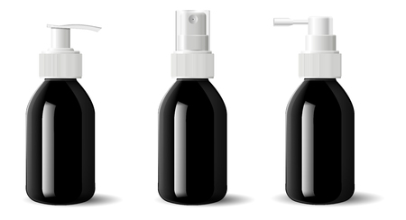 Realistic black glossy glass or plastic Cosmetic bottles dispenser spray pump container. Mockup template for cream, soups, and other cosmetics or medical products. Vector illustration.のイラスト素材