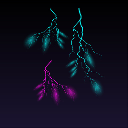 Lightning effect in trendy neon colors. Thunder electric light effects isolated on dark background. Discharge electric current.のイラスト素材