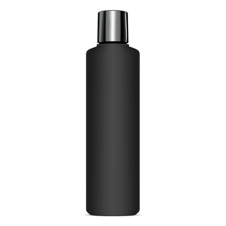 Black Cosmetic Shampoo Bottle Mockup with Glossy Lid. 3d Package Template. Bathroom Advertising Product. Empty Jar for Moisture Gel.のイラスト素材