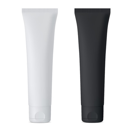 Cosmetic Cream Tube. Black and White Vector Mockup Set. Luxury Soft Packaging for Gel, Tooth Paste, Mask. Plastic Container with Cap for Skin Care Moisturizer. 3d Realistic Jar Set.のイラスト素材