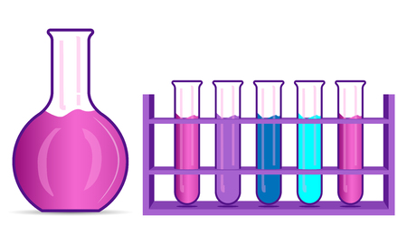 Chemisrty Flask and Beaker Set. Flat Illustration. Chemical Sciense Laboratory Equipment. Scientific Test Research and Analysis. Pharmaceutical Infographic Biotech Microbiology Process.のイラスト素材