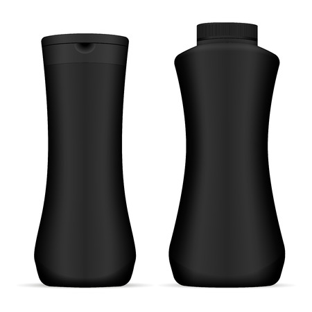 Black Shampoo Bottles Pack. Modern Shape Container. Realistic Plastic Package for Gel, Conditioner, Cream and other Bathroom Product. Luxury 3d isolated Template.のイラスト素材