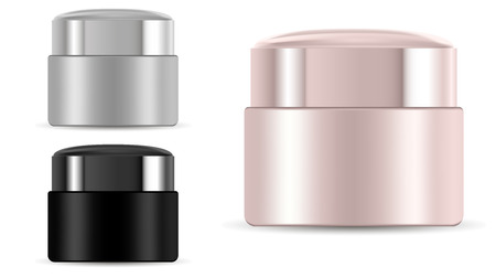 Cosmetic Cream Jar. Plastic Round Tin for Scrub, Gel. Blank of Realistic Canister with Cap.  Medicine Ointment Product Vector Container. Creme Design pack.のイラスト素材