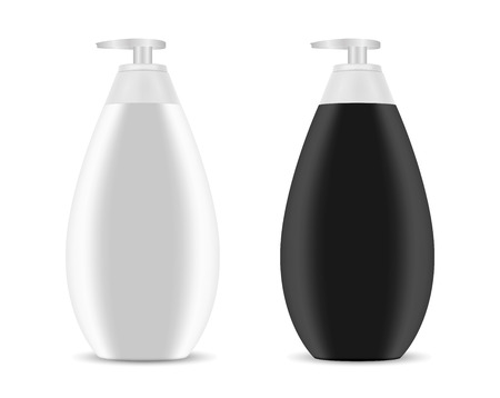Pump Bottle Set. Dispenser Package Skin Cosmetics. Black and White Realistic 3d Container for Liquid Moisturizer, Body Soap, Skin Treatment. Clean Packaging Mock Up.のイラスト素材