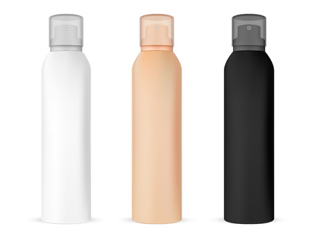 Spray Mockup Bottle. Aluminum Freshener Container. 3d Metal Hair Sprayer. Cosmetic Cylinder Realistic Packaging. Round Antiseptic Dispenser Tube. Deodorant Aerosol Template.のイラスト素材