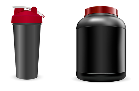 Black Sport Bottle, Shaker. Whey Portein Container 3d Pack. Plastic Can for Workout Gainer. Realistic Gym Blender Jar. Energy Box Blank. Bodybuilding Supplement Canister with Cap.のイラスト素材