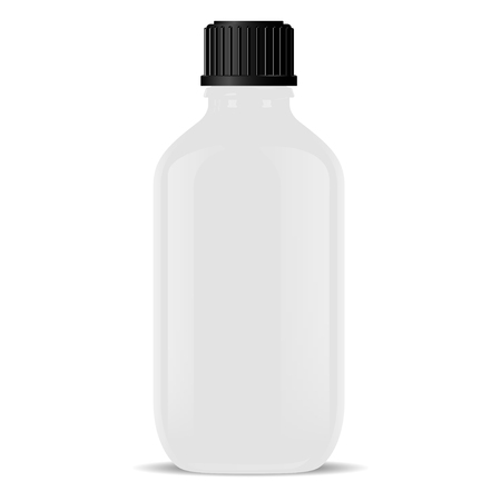 White glass medical bottle isolated. Glossy plastic container for cosmetic or medical products. 3d realistic vector vial mockup design.Vapour e liquid, pharmaceutical needs, essence, drugs. 3d jar.のイラスト素材