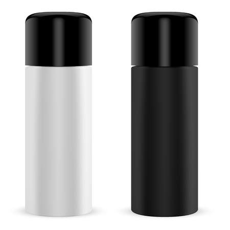 Paint Spray Tin. Cylinder Can Mock Up 3d Container. Aluninium Sprayer Aerosol for Cosmetic Freshener, Deodorant. 3d Black Metal or Plastic Tube for Grafitti, Hairspray or Foam.のイラスト素材