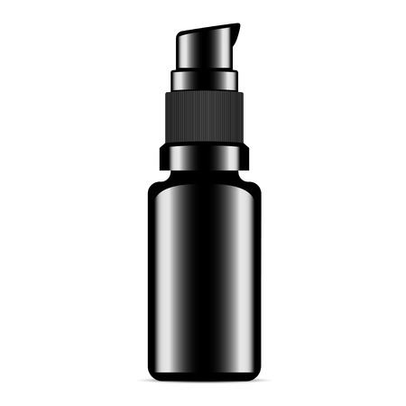 Serum Bottle. Black Foundation or Collagen Vial. Hair Cosmetic Essence Shiny Package. Glossy Template with Pump Dispenser for Moisturiser, Concealer, Tonal Base. Toner Fluid.のイラスト素材