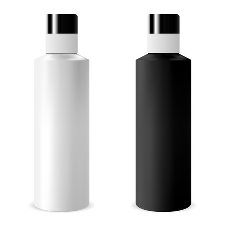 Shampoo Bottle. Tubular Cosmetic Package Mockup Set. Realistic Container Isolated Blank Design. Beauty Cream, Gel, Milk Packing Template. 3d PlasticSurface Cylinder Jar.のイラスト素材