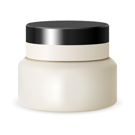 Jar Cream. Whitte Cosmetic Beauty Container. Plastic Round Isolated Mockup Packaging. Makeup Product Blank. Creme or Powder Canister. 3d Bowl Template for Whitening Scrub, Butter.のイラスト素材