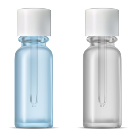 Dropper Bottle. Medical Serrum Vial Mockup. White Glass Transparent Container. Aroma Essence Flacon with Pipette. Realistic 3d Object Mock Up. Fluid Medicine Packaging Template.のイラスト素材