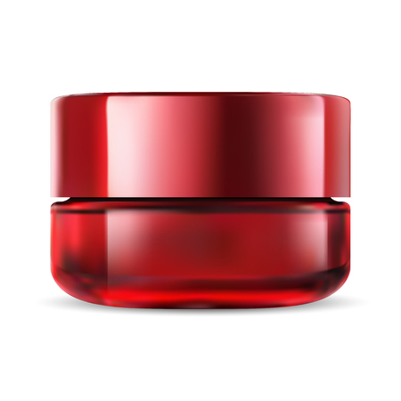 Cosmetic Jar. Glass Cream Bottle. Face Makeup Packaging Mockup. Milk Glossy Red Transparent Product. Vector Realistic Package. Facial Creme Pot Illustration. Medical Tube. Skin Powder.のイラスト素材