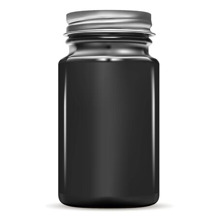 Black Bottle. Glass Fish Cod Medical Jar. Medicine Vial for Pill with Gold Screw Cap. Drug Pharmaceutical Container. Medication Packaging for Antibiotic Tablet. 3d Storage Mockup.のイラスト素材