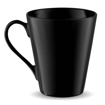 Cup Mockup. Black Mug Template Isolated. Coffee or Tea Porcelain. Classic Office Label or Brand Presentation isolated on White Background. Teacup Mock Up with Handle. Photorealistic Ceramic Blankのイラスト素材