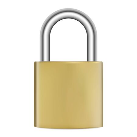 Padlock isolated. Realistic golden metal lock. Vector illustration. Silver steel hook secure mechanism in positionlock. Privacy access protection with secrecy code combination numberのイラスト素材