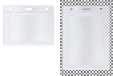 White transparent badge vector mock up. Id card Lanyard holder template. Realistic exhibitor event plastic cover. Accreditation tag sachet. Employee identity pass blank. Person backstage access labelのイラスト素材