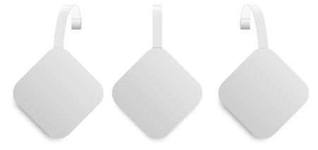 Plastic dangler point tag vector design. Store sale wobbler mockup. Round corner promo sticker for supermarket shelf. Pop circle banner holder for retail shelves. White pvc hanging ad for brandingのイラスト素材
