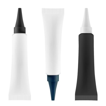 Eye cream tube. Cosmetic serum package. 3d pack mock up. Realistic medical packaging for cosmetology ointment. Hand creme squeeze container with cap. Super glue product set. 3d packのイラスト素材