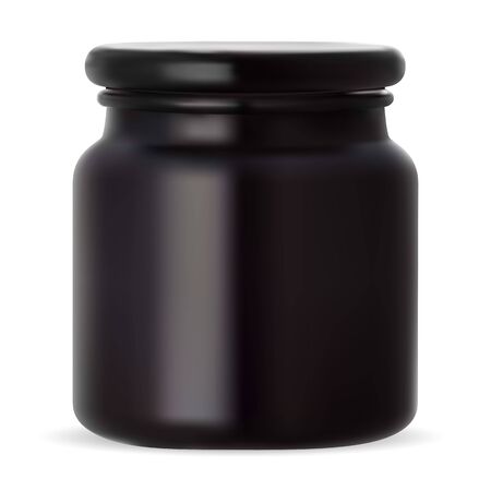 Black glass jar. Beauty cream packaging. Wax bottle. Face lotion container isolated on white background. Premium 3d bottle mockup with cover cap for branding and advertising. Body care gelのイラスト素材