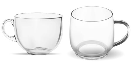 Coffee cup. Clean transparent glass tea mug mock up vector illustration. Realistic empty teacup for breackfast on white background. Perfect glassware blank with handle for hot drinkのイラスト素材