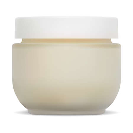 Cosmetic jar mockup. Cream packaging with plastic lid. Face skin creme glass bottle design without label. Makeup powder container for corporate branding. Beauty product package blankのイラスト素材