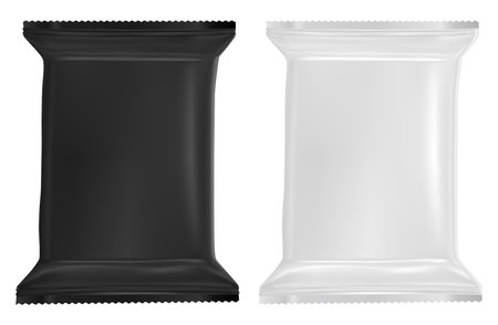 Wet wipe package blank. Plastic sachet template mockup. Realistic design of baby wipe packet. Food foil pouch. Antibacterial facial napkin wrap. Chocolate or bisquit product wrapper. Hand hygiene softのイラスト素材