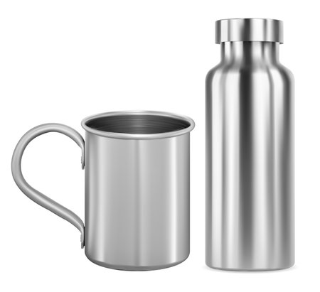 Stainless steel mug and metal flask, thermo bottle mockup. Aluminum camping cup with handle, reusable drink container, sport product can design. Silver vacuum tin, clean glossy illustration, identityのイラスト素材