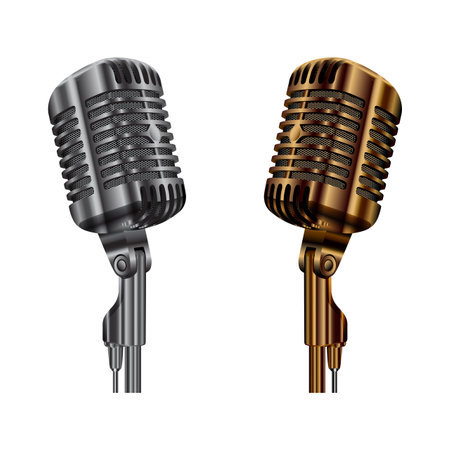 Vintage microphone vector. Radio studio audio mic. Concert stage or karaoke microphone, golden and silver metal equipment illustration. Voice sound record professional performance mic designのイラスト素材