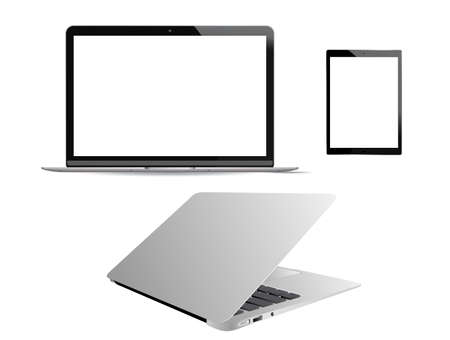 Laptop vector mockup. Computer notebook mobile pc isolated on white background. Realistic portable laptop blank, front view. Modern generic notebook, isometric mock up illustrationのイラスト素材