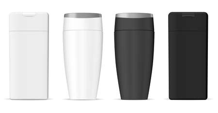 Black and white shampoo bottle vector cosmetic blank. Body cosmetic lotion mockup, vector design. Hair cream shower container template. Beauty care pack, liquid milk, bath productのイラスト素材