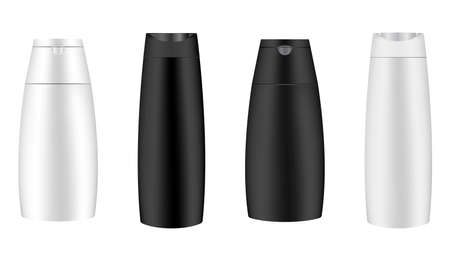 Black and white shampoo bottle, cosmetic bottle blank mockup, vector, isolated on background. Bath cosmetic product container template, liquid milk or soap packaging. Personal hygiene packのイラスト素材