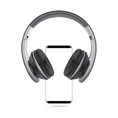 Head phone mockup. 3d smartphone blank, headset isolated. Cellphone frame template, portable device with white screen for new app, modern gadget display. Audio speaker, earphone conceptのイラスト素材