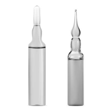 Vector injection ampoule, face cosmetic product ampule, beauty collagen vial. Virus antidote vaccine injection. Flu antibiotic treatment, painkiller ampules. Steroids liquid medicamentのイラスト素材