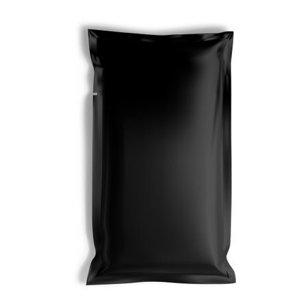 Foil sachet mockup. Black paper pouch, vector blank. Wet napkin sachet on white background. Cosmetic mask wrap template. Small envelope packaging for chocolate, candy, snackのイラスト素材